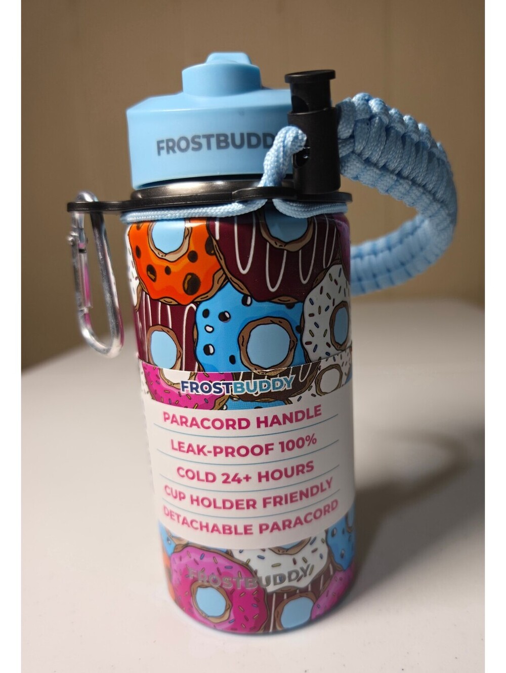 FrostBuddy Insulated Water Bottle with Paracord Handle - Donut Print, 32 fl oz